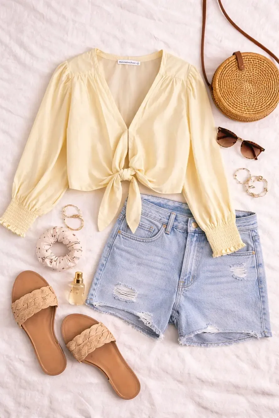 NWT Abercrombie & Fitch Poplin Tie Front Crop Top Yellow Puff Sleeve Size S